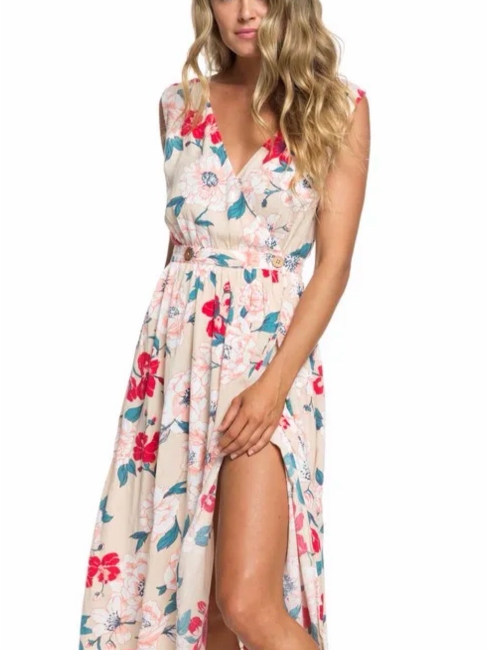 Roxy Floral Midi Dress in Cream, Pink and Teal